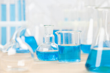 Laboratory glassware with test tubes. flasks, dropper, petri dishes, measuring cups and cylinders for scientific laboratories,