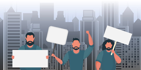 Fototapeta premium A group of men came out to protest with banners in their hands. The concept of citizens' strikes. Vector illustration.