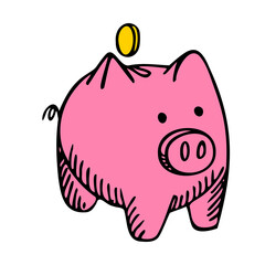 Pink piggy bank isolated on white background. Box for safe savings, coins, cash, gold. Money pig in doodle style.
