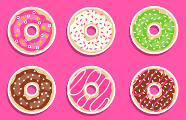 Donuts, a set of realistic donuts on a pink background with a white stroke. Vector, cartoon illustration.
