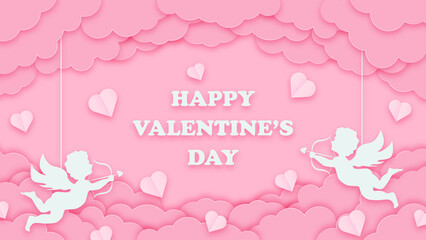 Happy valentines day greeting background in papercut style. Holiday pink banner with paper clouds, cupids and hearts. Horizontal poster, greeting card flyer. Place for text