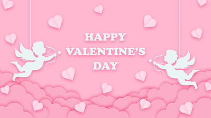 Happy valentines day greeting background in papercut style. Holiday pink banner with paper clouds, cupids and hearts. Horizontal poster, greeting card flyer. Place for text