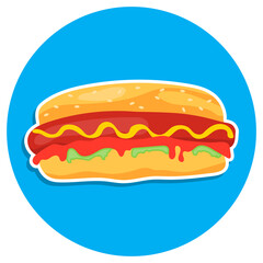 Hot Dog, big hot dog icon on a blue background with a white stroke. Vector, cartoon illustration.