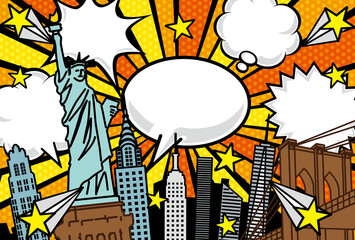 ポップアート風のニューヨークの街並み背景イラスト