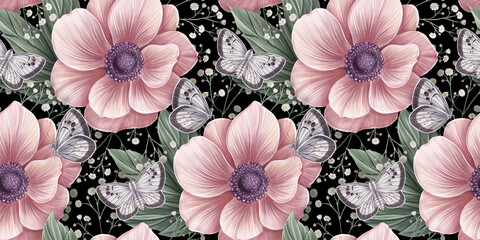 Pink anemone flowers, butterflies, green leaves. Floral background, seamless pattern. Hand-painted watercolor vintage 3d illustration. Dark abstract background. Luxury wallpaper, cloth, poster, paper - 483363960