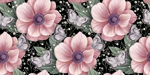 Tapeten Vintage Blumen Rosa Anemonenblumen, Schmetterlinge, grüne Blätter. Blumenhintergrund, nahtloses Muster. Handgemalte Aquarell-Vintage-3D-Illustration. Dunkler abstrakter Hintergrund. Luxustapete, Stoff, Poster, Papier