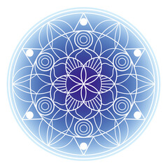 青の曼荼羅(まんだら)アート。
ベクターイラスト。
単純な図形、円と線と曲線を繰り返しただけの模様が、花や星のように見えませんか？
曼荼羅の美しさには、宇宙の神秘を感じます。