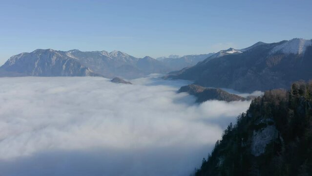 Aerial View of Mountains Above Fog, Attersee, Austrian Alps