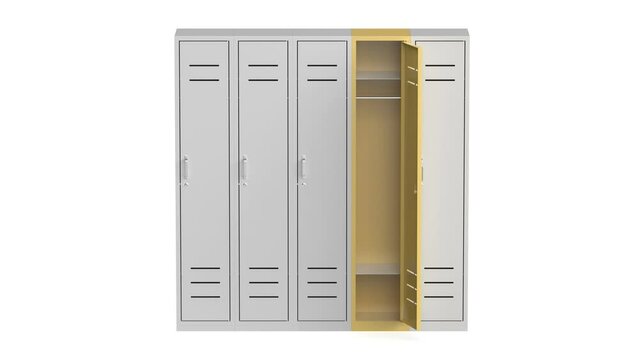 Row of five metal lockers on white background, opening one of the lockers