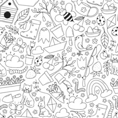 Fototapeta na wymiar Spring monochrome seamless pattern with doodles. Good for kids textile prints, scrapbooking, coloring pages, easter decor, etc. EPS 10