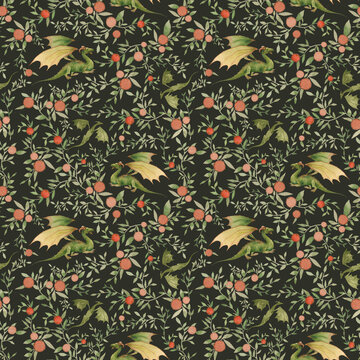 Medieval seamless pattern with dragons and floral elements. Fantasy ornament for print, fabric, paper, cover, web.
