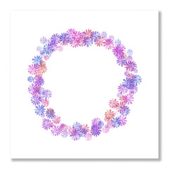 Watercolor floral round frame. Wreath of blue, pink and purple flowers. Postcard, baner, wedding invitation, blank template.
