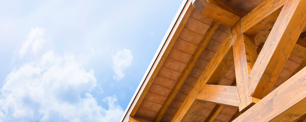 New wooden truss structure called palladian truss with beams and wooden roof - obrazy, fototapety, plakaty