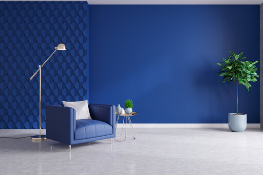 Modern Living Room And Decorating Ideas ,classic Blue Room.3d Render