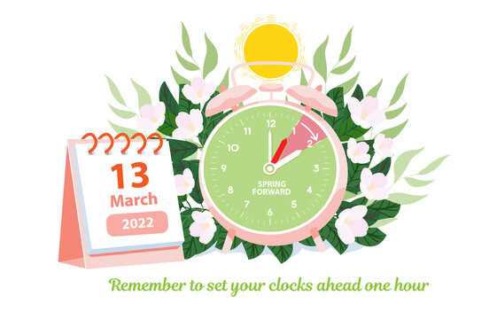 Spring Forward March 13, 2022 banner. Alarm clock with the caledar date for the U.S. with a reminder of Daylight Saving Time on Sunday, March 13 with a spring background. Vector illustration