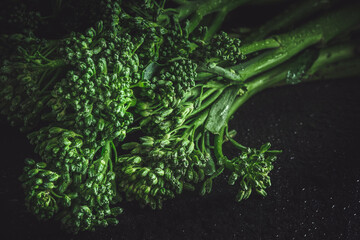 Fresh bimi vegetable on a dark table. Closeup of raw baby broccoli with water droplets.