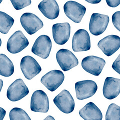 A seamless pattern of blue, watercolor, chaotically arranged, identical spots with a smooth edge on a white background.