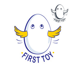 Vector logo first toy, label, stylized Adorable chicken baby peeking out of egg, interesting design, a logotype for the company. Sign, label for children and kids shops, center, club