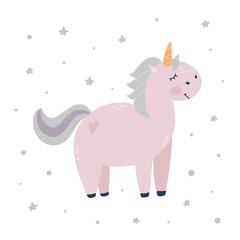 cute baby unicorn with stars on white background. Good for posters, prints, nursery decor, sublimation, stickers, kids apparel and clothing, etc. EPS 10