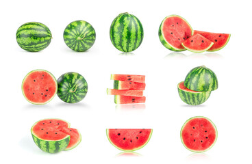 Isolated watermelons. Collection of whole and cut watermelon fruits isolated on white background with clipping path.