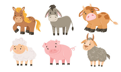 Vector set with farm animals in flat style. Vector illustration for children, hand drawn animals isolated on white background
