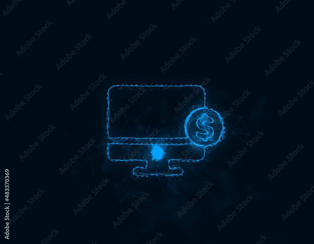 Poster Computer monitor with dollar icon with plexus effect. Connected lines with dots. Illustration
