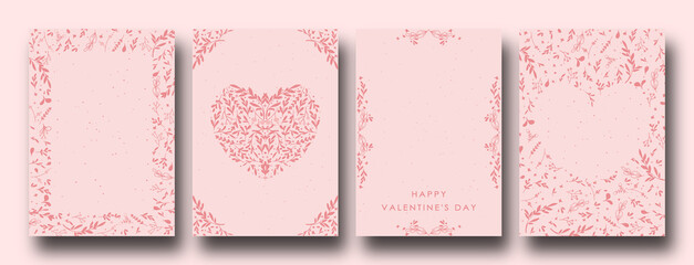Ornate Happy Valentine's day cards with hearts and leaves, simple and minimal with a copy space. Universal modern artistic templates.	

 - obrazy, fototapety, plakaty