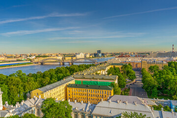 View from bell tower of Smolny Cathedral to historic centre of Saint-Petersburg and Neva river in...