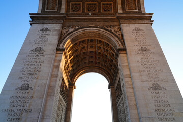 View of the landmarc Arc de Triomphe monument on the Champs-Elysees in Paris, France