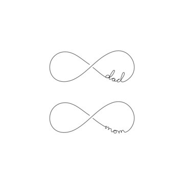 Dad and Mom word with infinity symbol. Minimalistic single line drawing. Vector illustration.