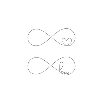 Love word and heart symbol with infinity sign. Minimalistic single line drawing. Vector illustration.