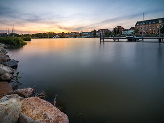 Sunset in the port of Leer on the Leda