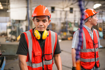 Industrial Engineers in Hard Hats.Work at the Heavy Industry Manufacturing Factory.industrial worker indoors in factory. man working in an industrial factory.
