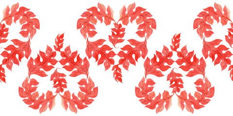 Watercolor set of seamless border with stylized red acanthus leaves