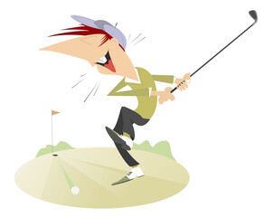 Smiling golfer on the golf course illustration. Cartoon smiling golfer aiming to do a good kick illustration