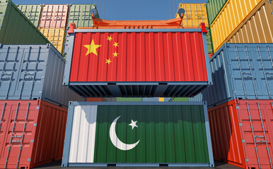 Freight containers with China and Pakistan national flags. 3D Rendering 