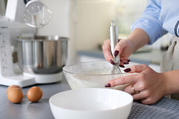 Obraz na płótnie Canvas Preparation of the test. Ingredients on the table-wheat flour, eggs, salt. Mixer.