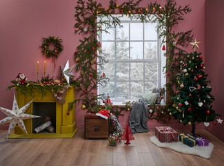 Christmas tree and yellow fireplace in front of the decorative windows, interior room, pine branch decoration, gift box and furniture chair and sofa design.