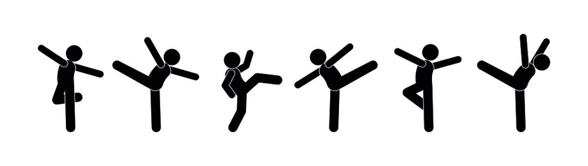 dancing people in different poses, stick figure dancer, set of human silhouettes, stickman ballet icon