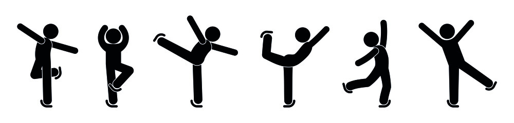 people skating, poses and movements of skaters, figure skating icons, stick figure man, stickman on ice rink illustration
