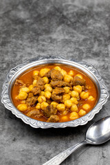 Traditional delicious Turkish foods; Turkish Food Chickpeas with Meat. Turkish name; Etli nohut