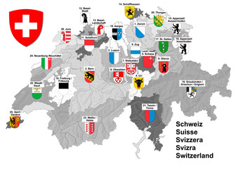 Shape of map of Switzerland in black and white with border of Cantons and colorful coat of arms. Illustration mad January 27th, 2022, Zurich, Switzerland. - obrazy, fototapety, plakaty