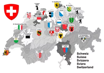 Fotobehang Shape of map of Switzerland in black and white with border of Cantons and colorful coat of arms. Illustration mad January 27th, 2022, Zurich, Switzerland. © Michael Derrer Fuchs