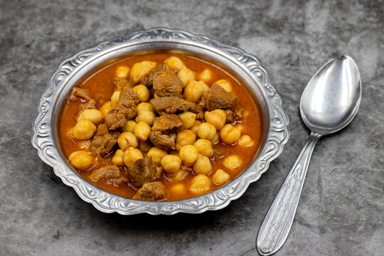 Traditional delicious Turkish foods; Turkish Food Chickpeas with Meat. Turkish name; Etli nohut