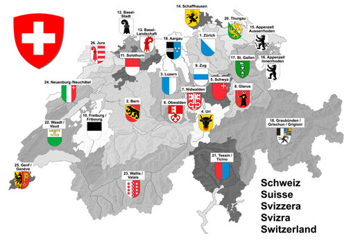 Shape of map of Switzerland in black and white with border of Cantons and colorful coat of arms. Illustration made January 27th, 2022, Zurich, Switzerland.