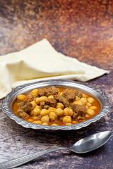Traditional delicious Turkish foods; Turkish Food Chickpeas with Meat. Turkish name; Etli nohut
