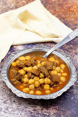 Traditional delicious Turkish foods; Turkish Food Chickpeas with Meat. Turkish name; Etli nohut