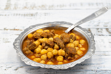 Traditional delicious Turkish foods; Turkish Food Chickpeas with Meat. Turkish name; Etli nohut