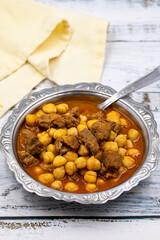 Traditional delicious Turkish foods; Turkish Food Chickpeas with Meat. Turkish name; Etli nohut