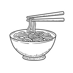 Bowl of noodle with chopsticks drawing in sketch style isolated on white background. Noodle doodle illustration